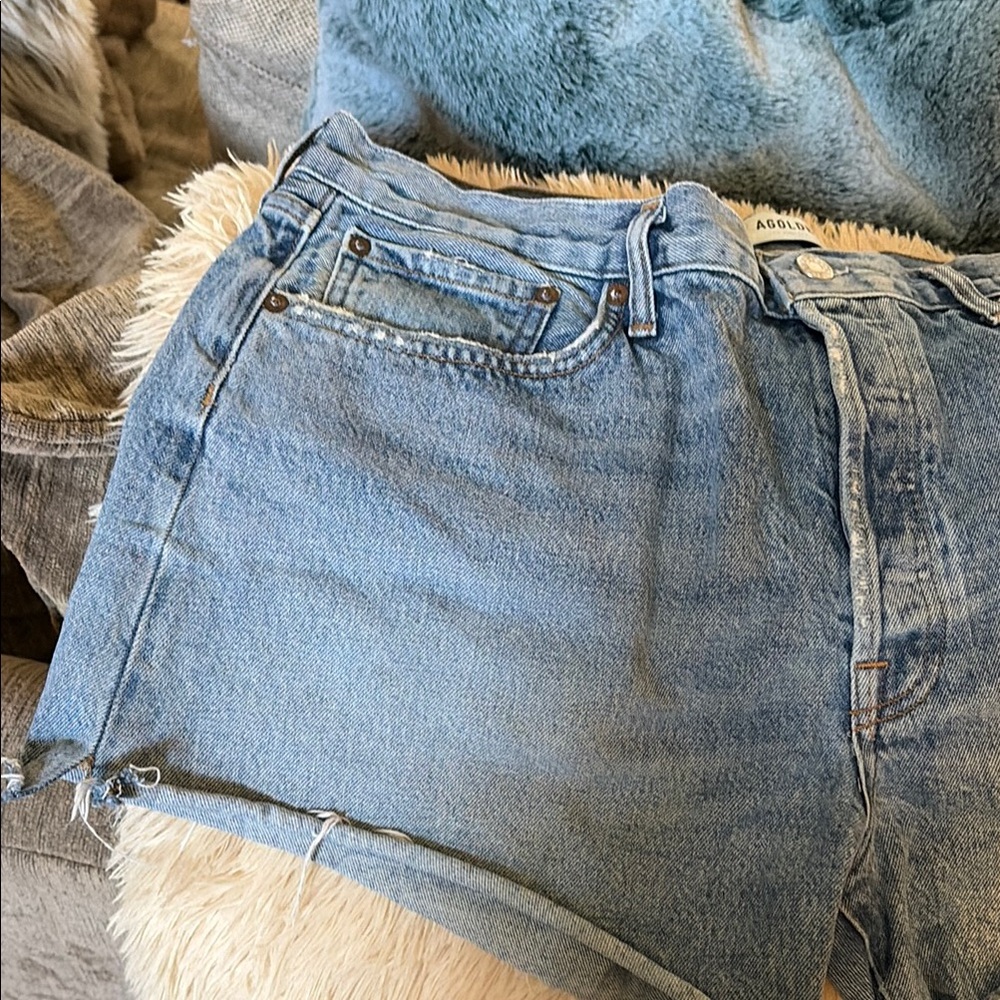 Agolde Parker Long Light Blue Denim Cutoff Shorts size 33 - Picture 7 of 8